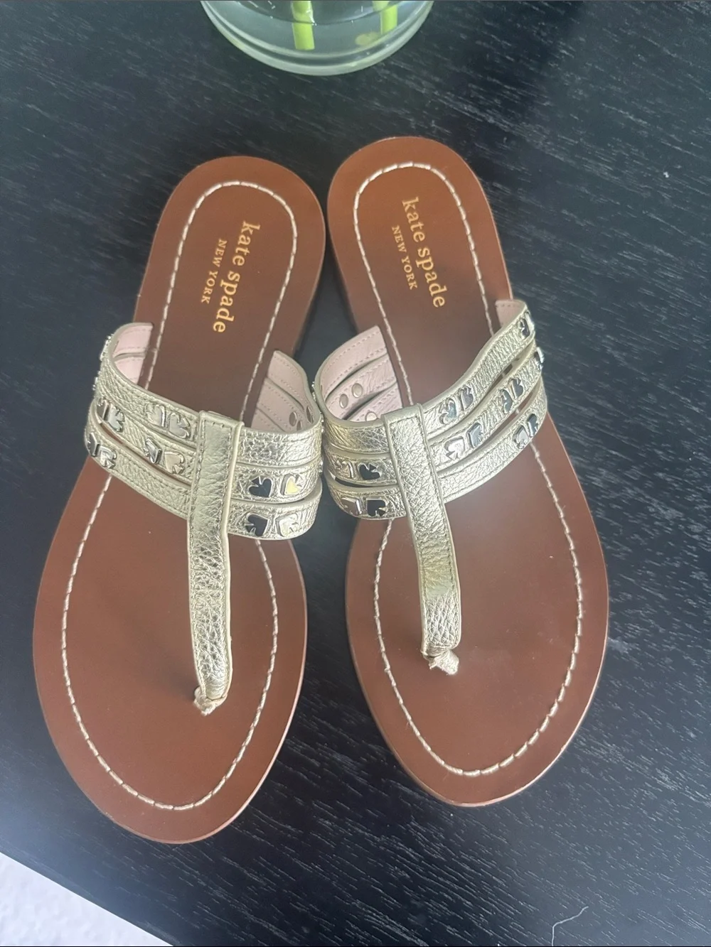 kate spade Metallic Gold T-Strap Embellished Sandals